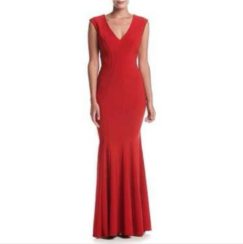Betsy & Adam Red V-Neck Cap Sleeve Maxi Dress
